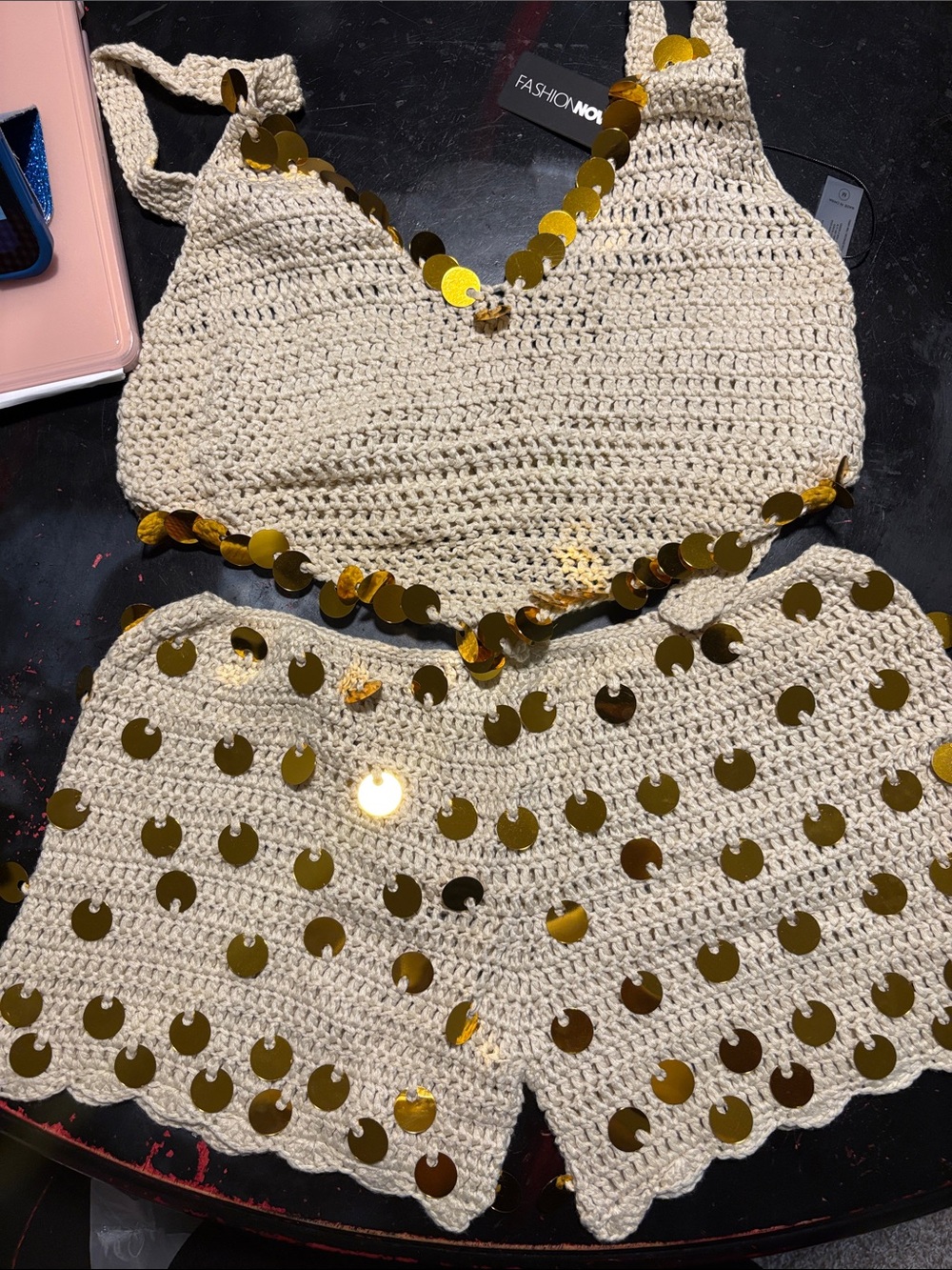 Fashion Nova Crochet High-Waist Shorts and Crop Top in Beige with Gold Sequins